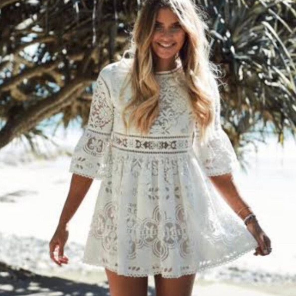 SPELL & THE GYPSY Clover Lace Mini Dress S Gently Flared Sleeves Boho - Picture 2 of 9
